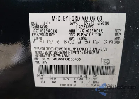 2015 Ford Explorer Xlt из США, поврежденный, VIN 1FM5K8D89FGB08465